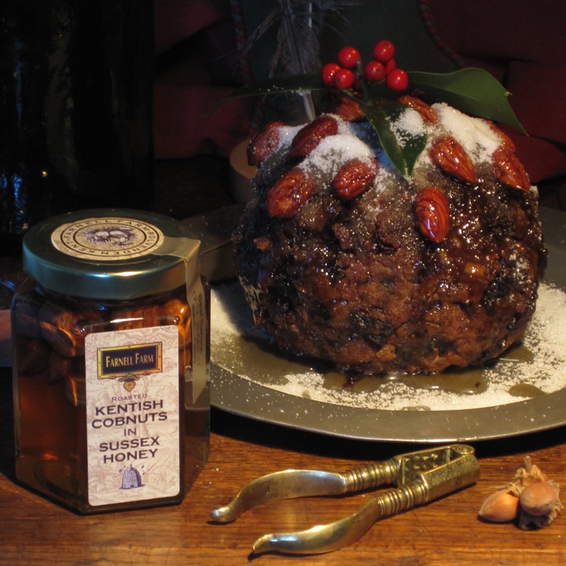 Whole Roasted Kentish Cobnuts in Sussex Honey with Christmas Pudding